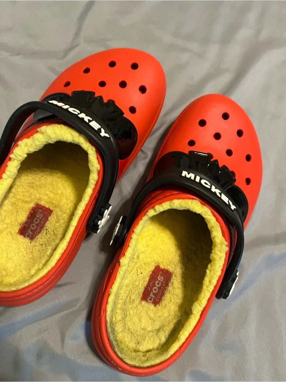 CROCS Kids Red Clog with Yellow Fleece Lining and Black Strap